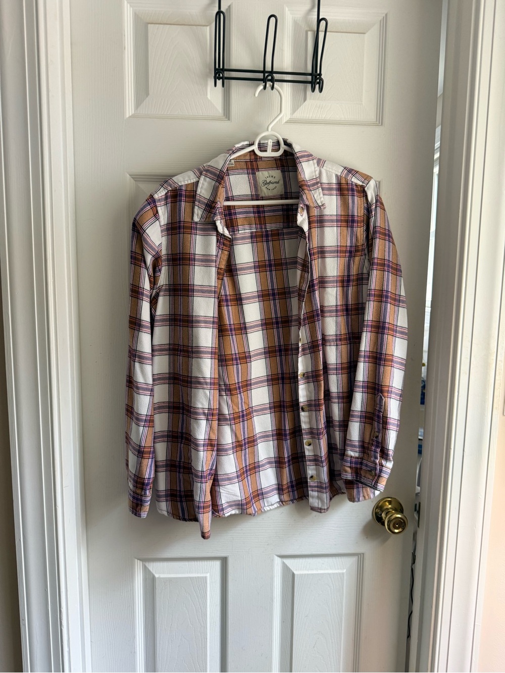 JACHS Girlfriend Plaid Button-Down Shirt in White, Brown & Purple